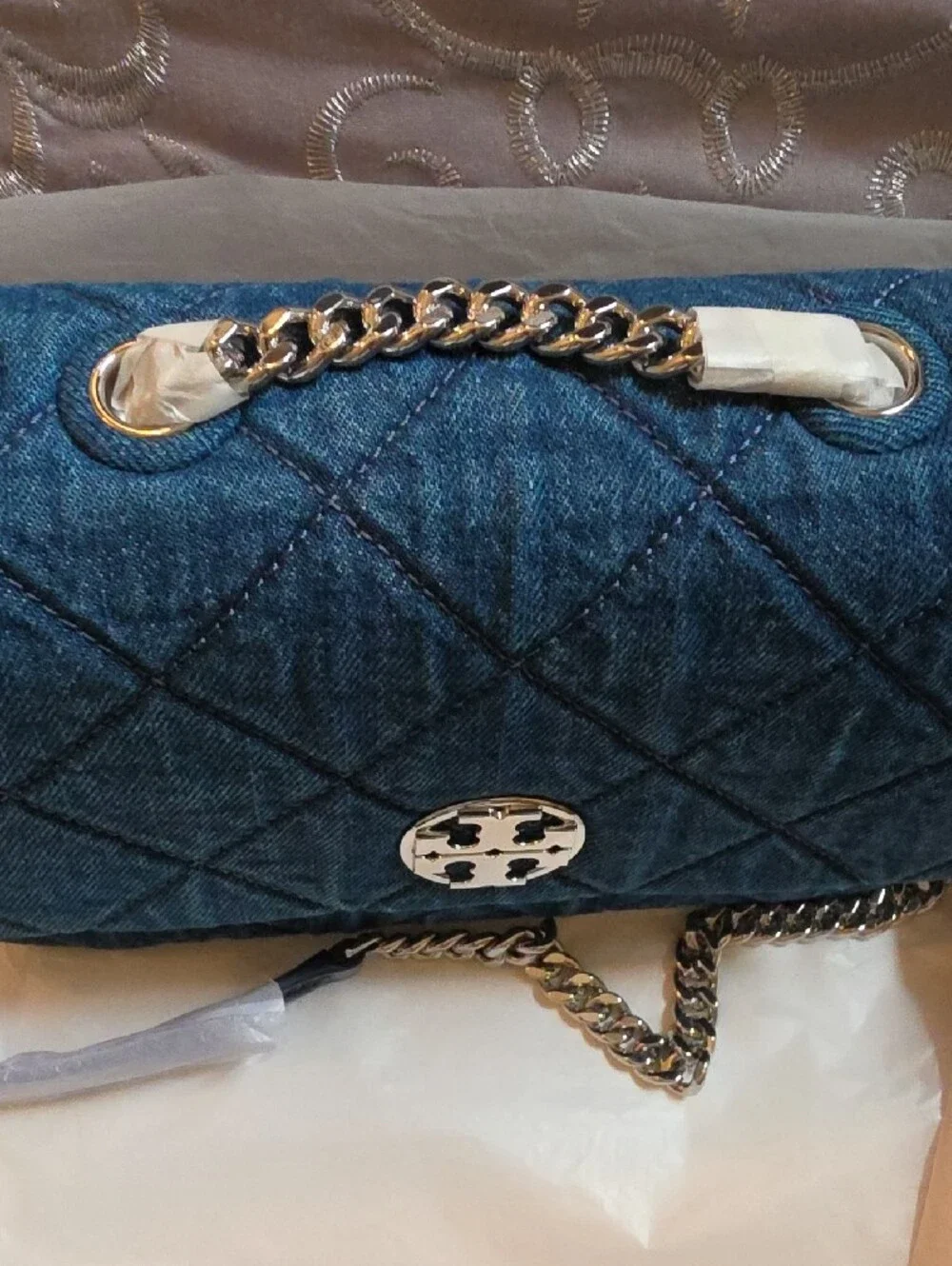 Tory Burch Quilted Denim Shoulder Bag with Gold Chain